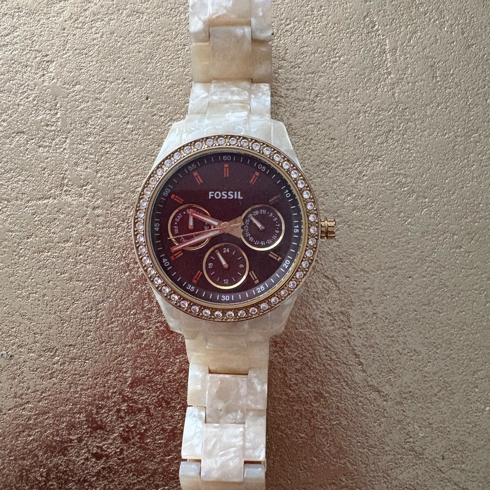 Fossil Women's Black and Gold Watch with White Band